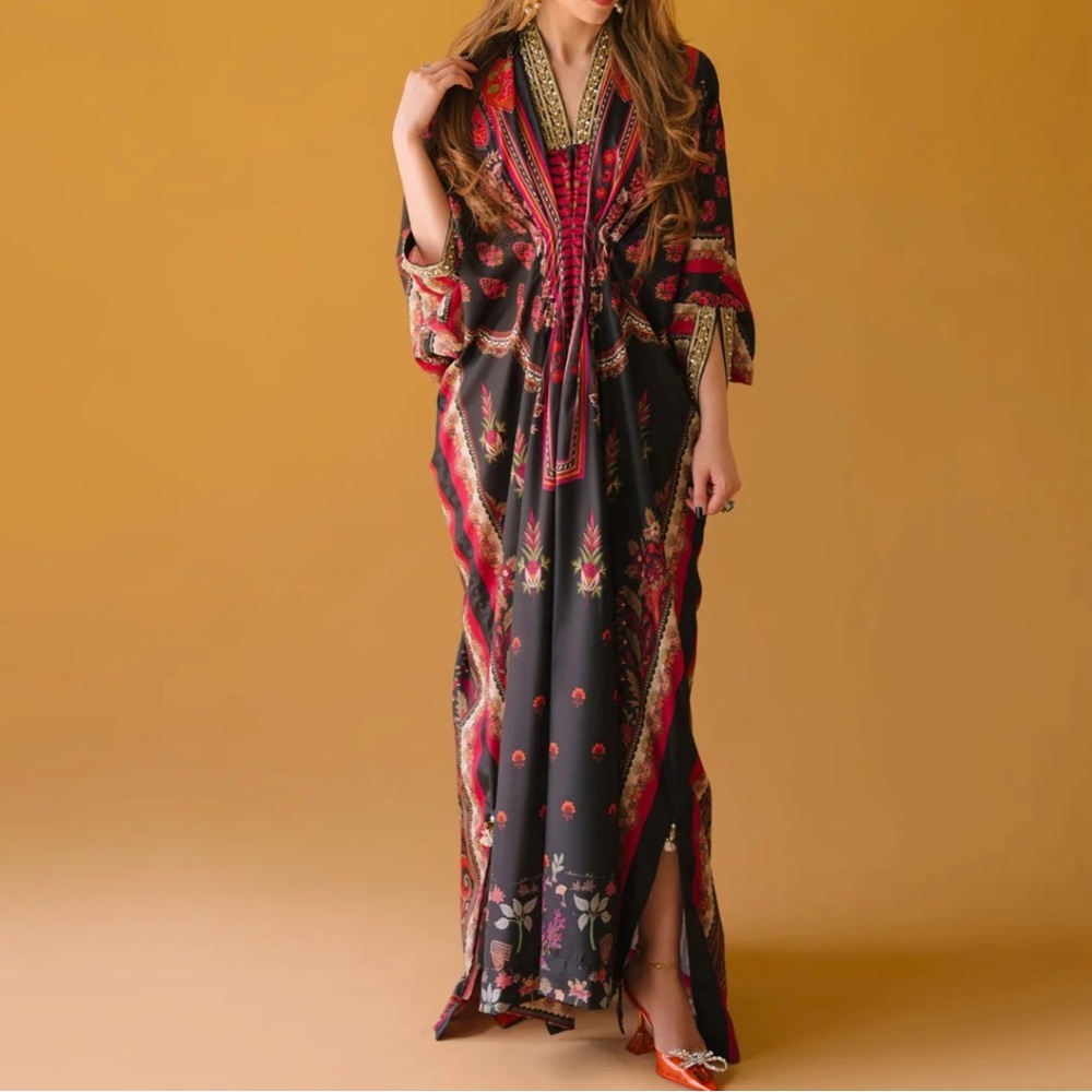 Elegant Black & Red Maxi Caftan Dress